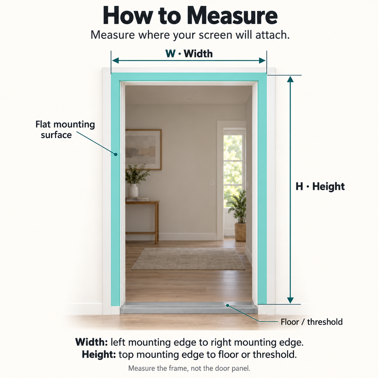 Front view of a doorway with the top and side mounting surfaces highlighted, and width and height measurement arrows.