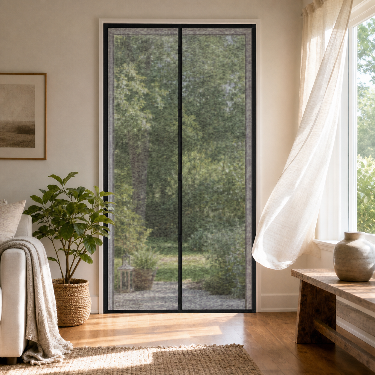A magnetic screen door fitted flat in a doorway with a sheer curtain lifting in the breeze, sunlight pooling on a wood floor — CoverWith