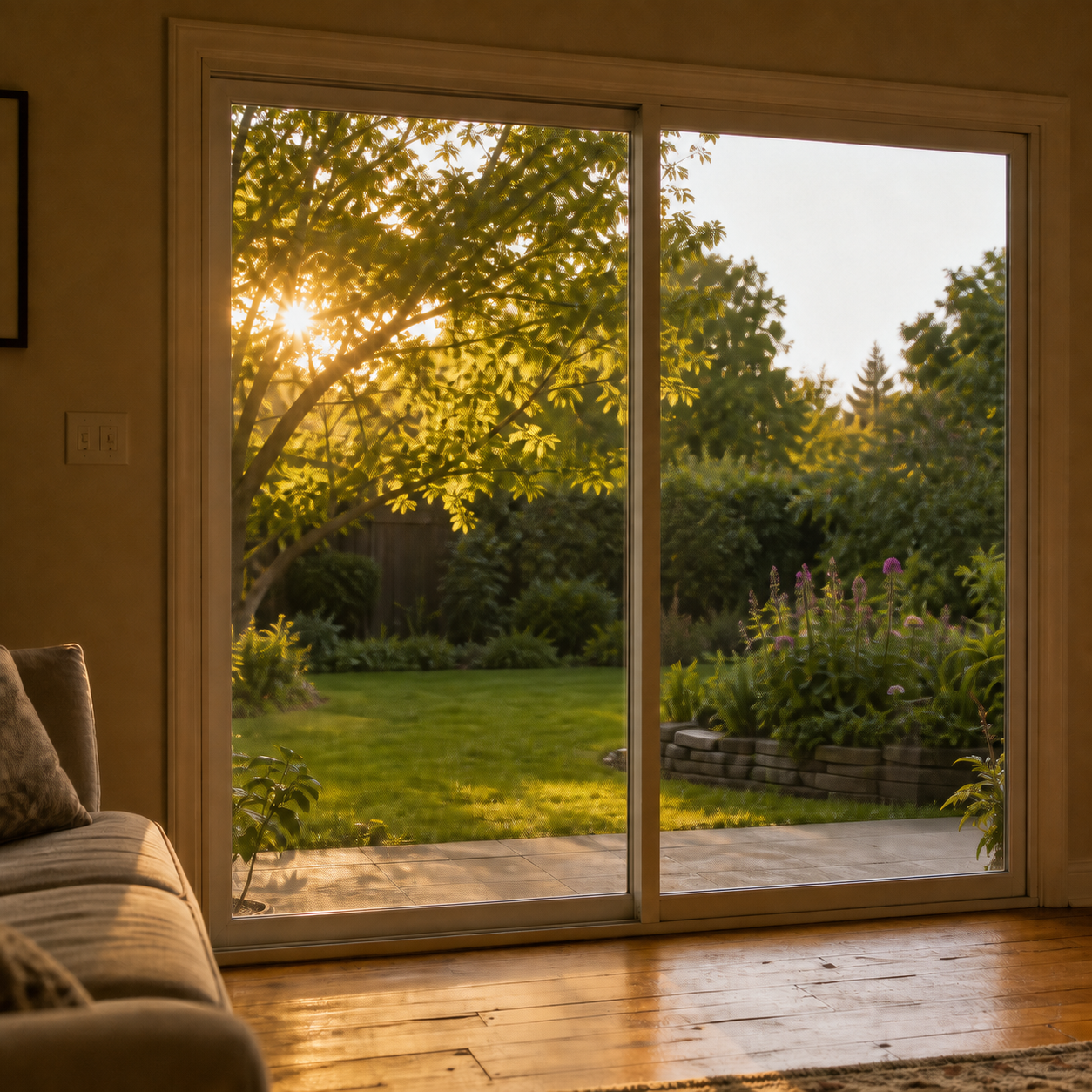 A cozy living room at dusk looking out through a closed glass sliding door at a golden sunlit garden just out of reach — CoverWith
