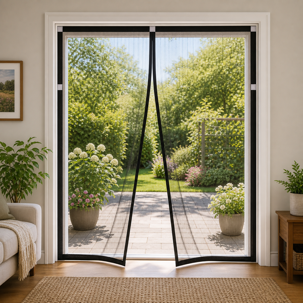 A custom magnetic screen door fitted to a wide double doorway opening onto a sunlit garden patio — CoverWith