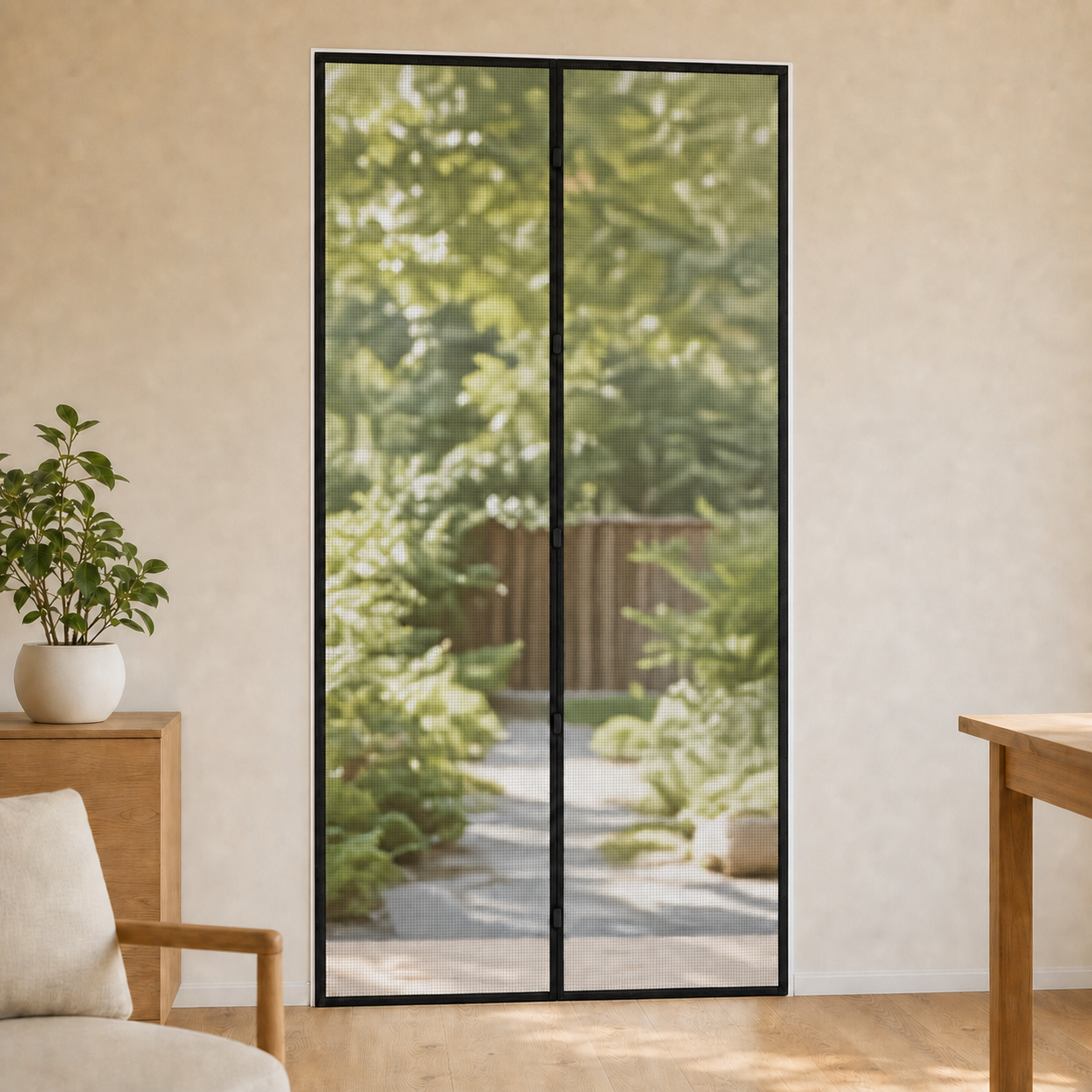 A custom-fit magnetic screen door with two flat mesh panels meeting at a magnetic center seam, mounted in a minimalist warm room opening to a sunlit garden — CoverWith