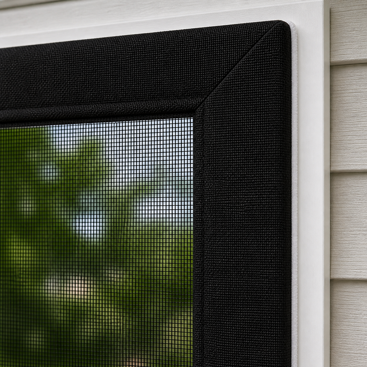 Close-up of the tailored corner of a custom-fit magnetic screen door fitting flush against a white residential door frame — CoverWith