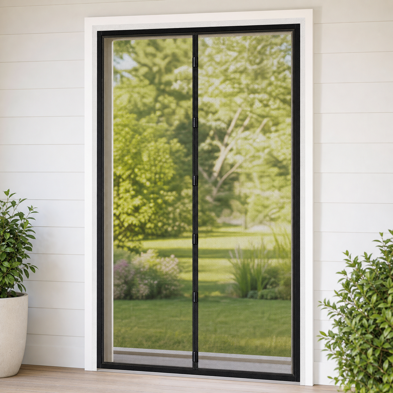 Custom-fit magnetic screen door with fine black mesh, magnetic center seam, and black edge binding mounted flush in a white door frame, garden view through the mesh — CoverWith