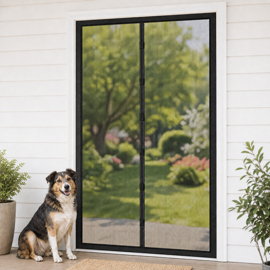 A calm dog sits beside a custom-fit magnetic screen door with fine black mesh and a magnetic center seam in a white door frame opening to a garden — CoverWith