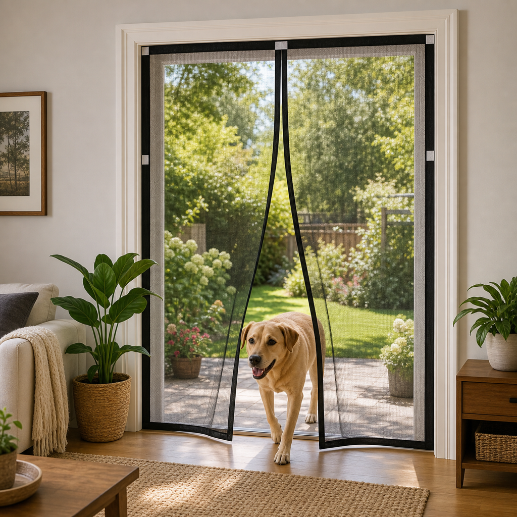 A dog steps through a custom-fit magnetic screen door from the garden into the living room — CoverWith