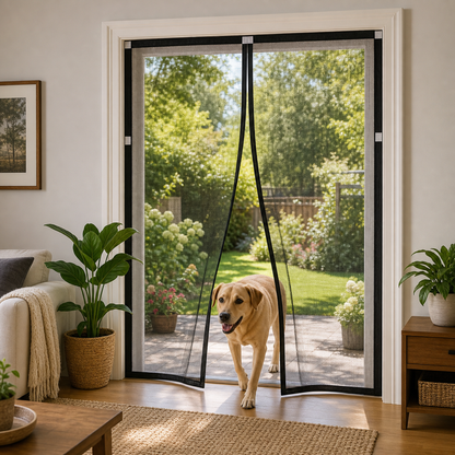 A dog steps through a custom-fit magnetic screen door from the garden into the living room — CoverWith